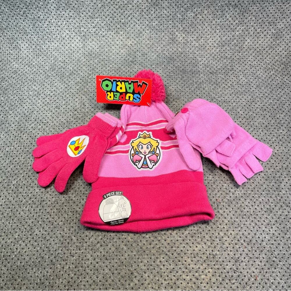 NEW Nintendo Super Mario Princess Peach 3-Piece Beanie & Gloves One Size Girls